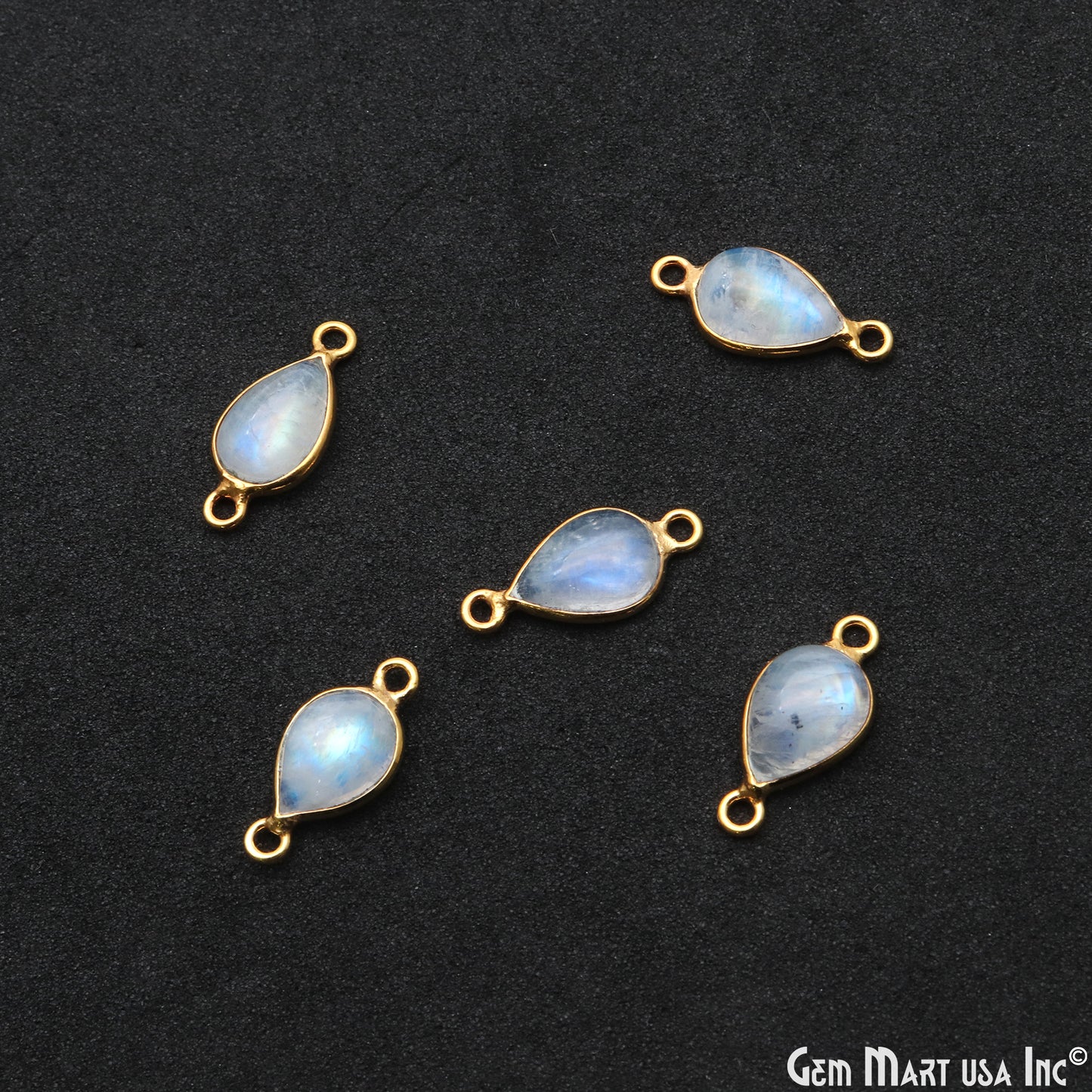 Rainbow Moonstone Cabochon 7x10mm Pears Double Bail Gold Bezel Connector