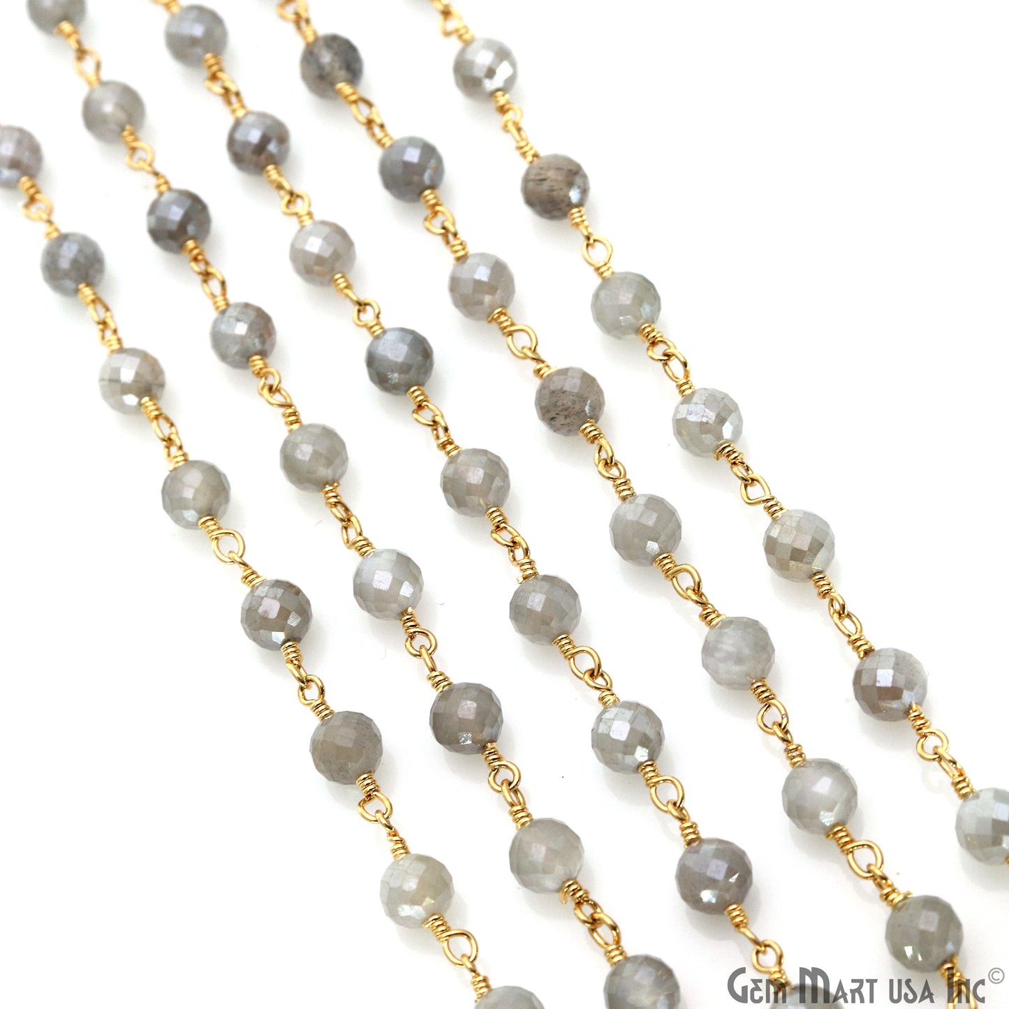 Mistique Labradorite Gemstone Faceted Beads 5mm Gold Plated Wire Wrapped Bead Rosary Chain