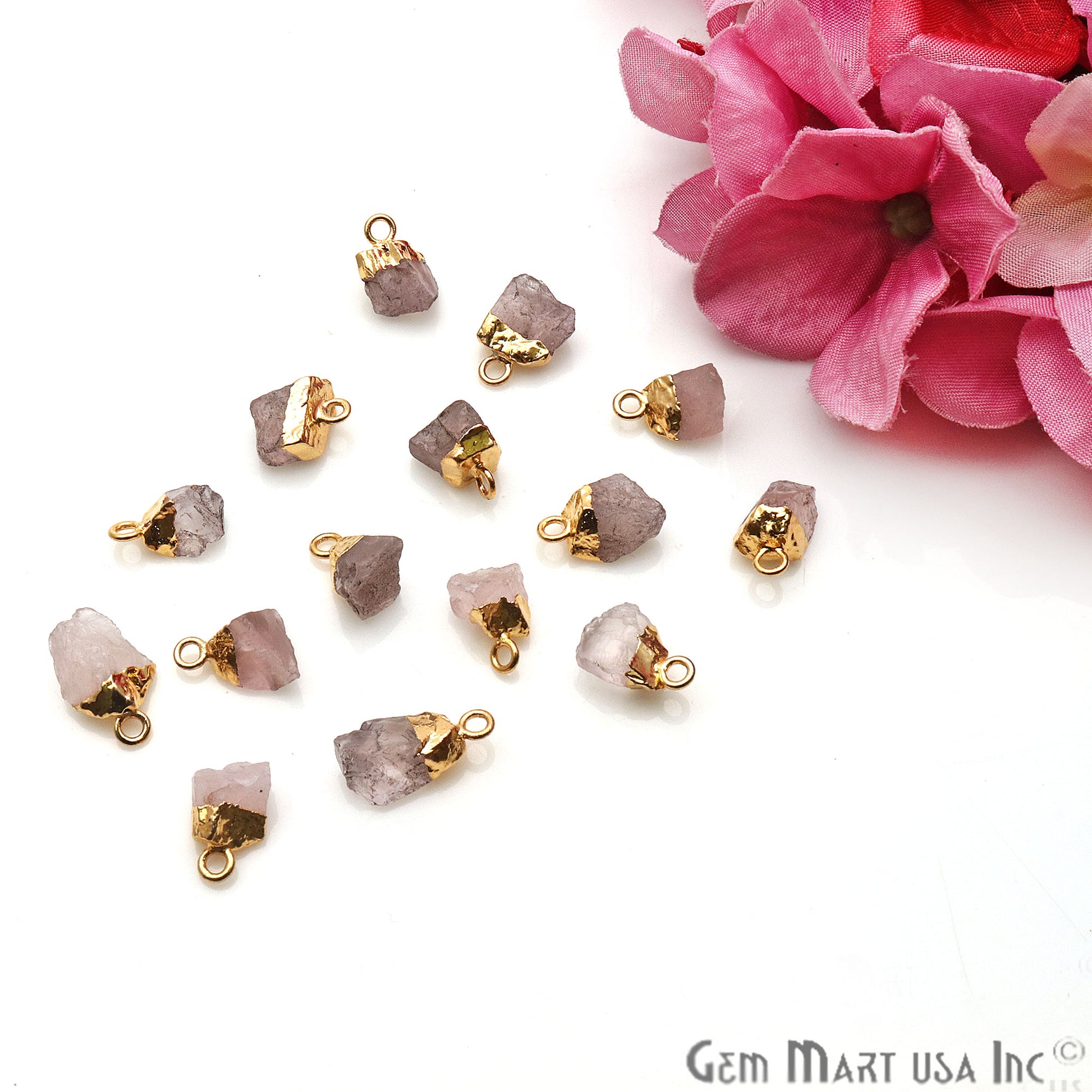 Rough Rose Quartz Organic 18x11mm Single Bail Gold Electroplated Gemstone Connector - GemMartUSA