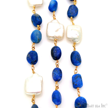 Lapis Tumble Beads 8x5mm & Pearl 12mm Beads Gold Plated Rosary Chain