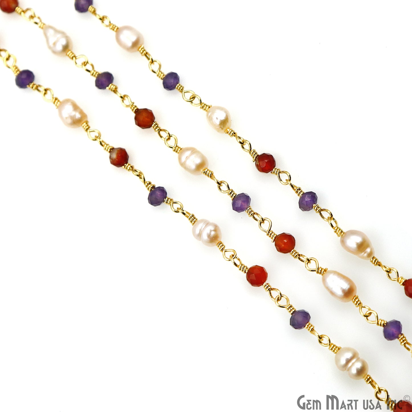 Multistone Faceted Beads With Pearl 3-3.5mm Gold Plated Wire Wrapped Beads Rosary Chain