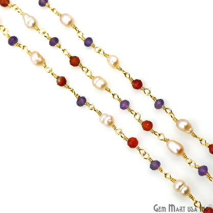 Multistone Faceted Beads With Pearl 3-3.5mm Gold Plated Wire Wrapped Beads Rosary Chain