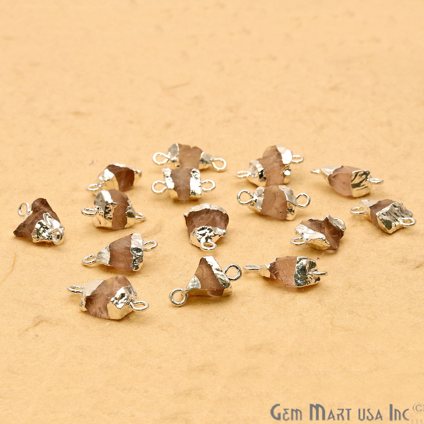 Rough Rose Quartz Organic 18x9mm Silver Electroplated Pendant Connector - GemMartUSA