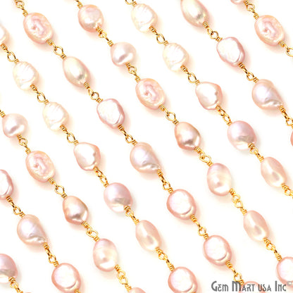 Pink Pearl Nugget Beads 10-15mm Gold Plated Wire Wrapped Rosary Chain