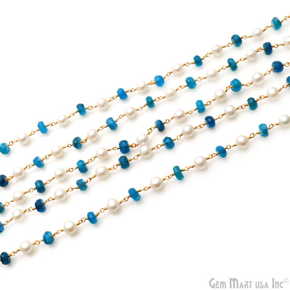 Neon Apatite & Pearl Stone Beads Gold Wire Wrapped Rosary