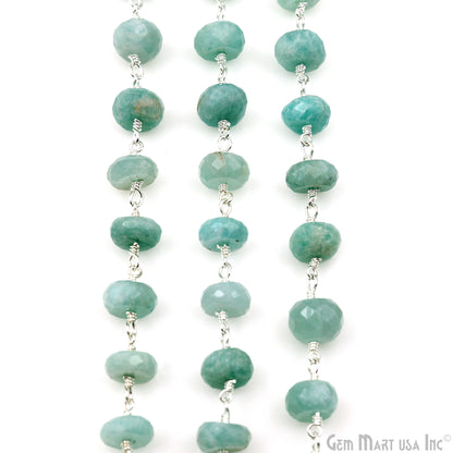 Amazonite 8-9mm Silver Plated Faceted Rondelle Beads Wire Wrapped Rosary Chain