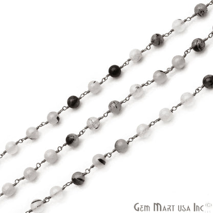 Rutilated Smooth Beads 6mm Oxidized Plated Wire Wrapped Rosary Chain - GemMartUSA