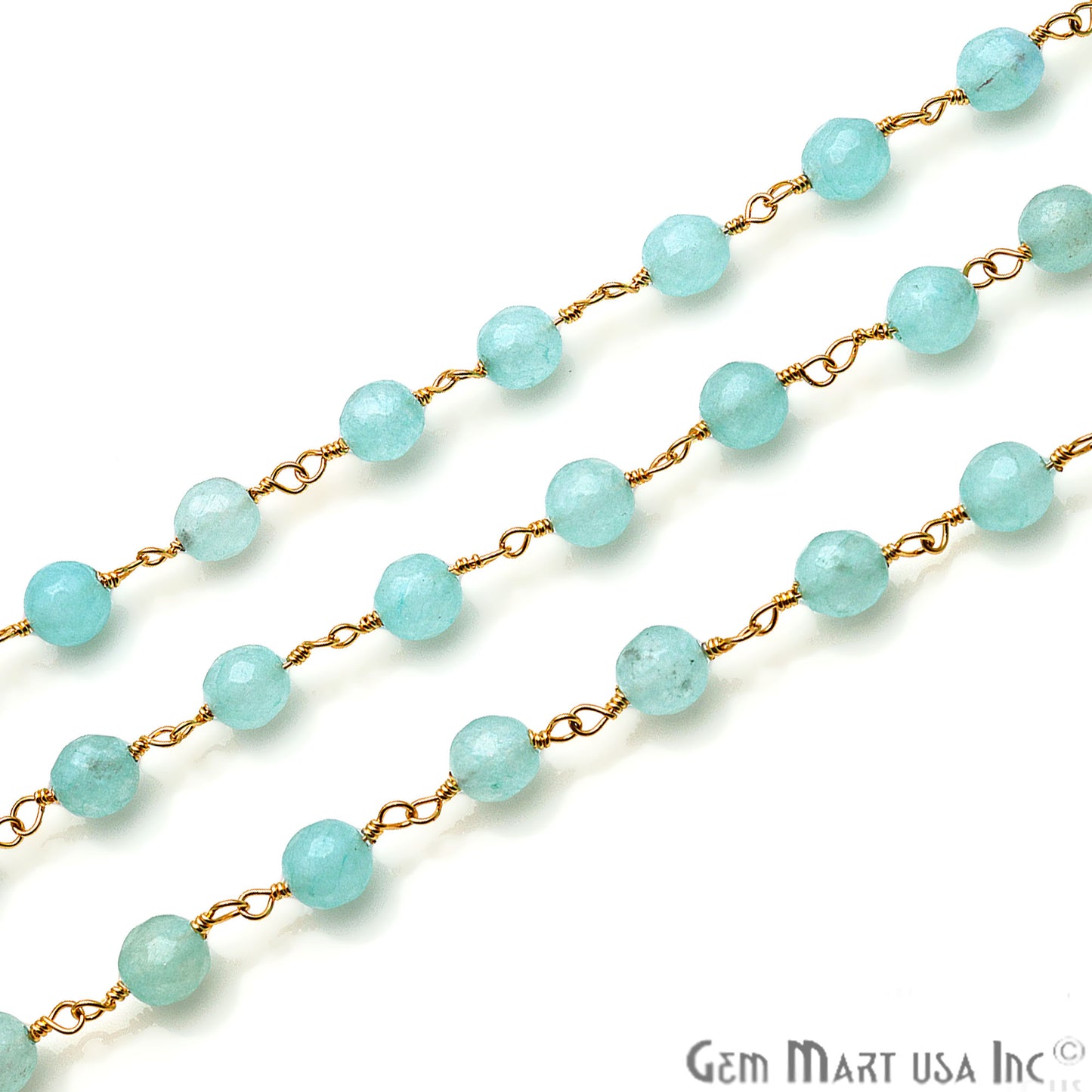 Turquoise Green Jade Faceted Beads 6mm Gold Wire Wrapped Rosary Chain - GemMartUSA