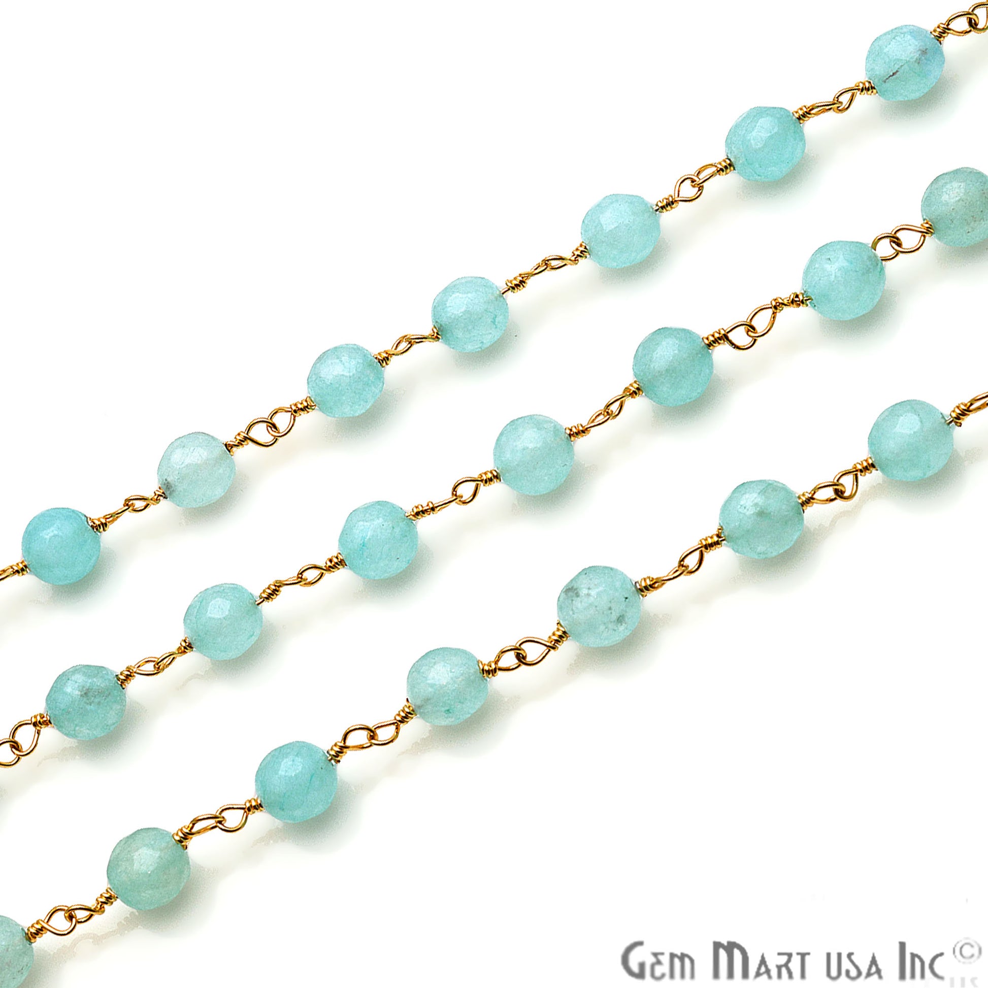 Turquoise Green Jade Faceted Beads 6mm Gold Wire Wrapped Rosary Chain - GemMartUSA