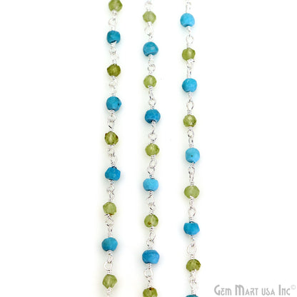 Turquoise & Peridot Bracelet 3-3.5mm Silver Plated Wire Beads Rosary Chain