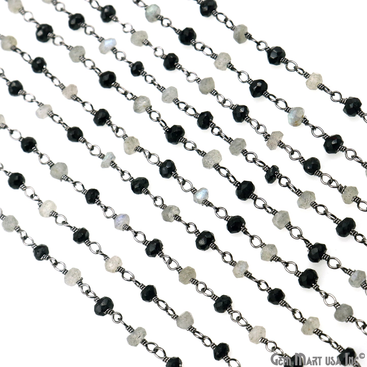 Black Spinel & Labradorite 3-3.5mm Oxidized Faceted Beads Wire Wrapped Rosary Chain