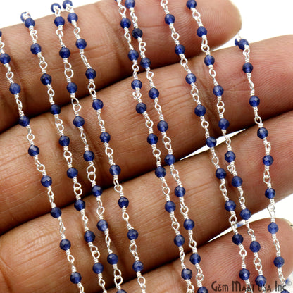 Sapphire 2-2.5mm Tiny Beads Silver Plated Wire Wrapped Rosary Chain