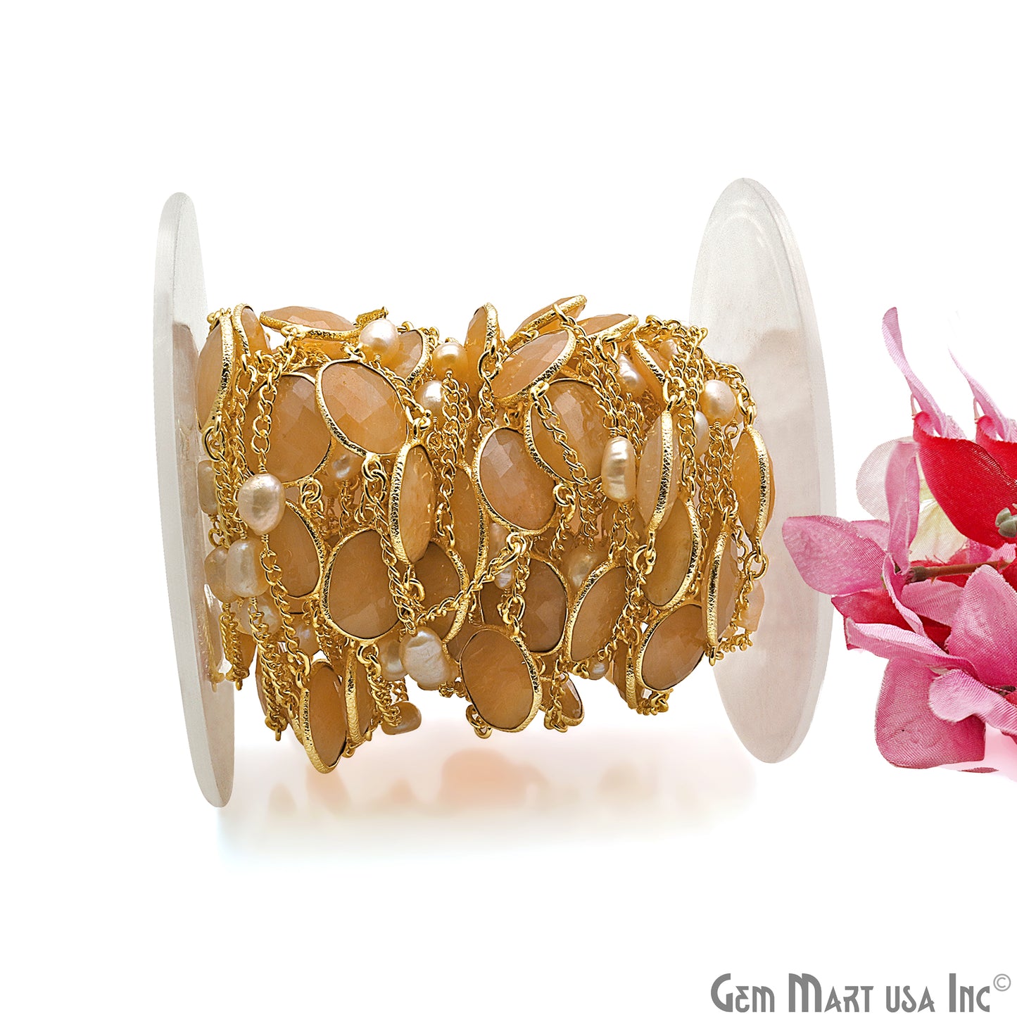 Sand Chalcedony & Pearls 10-15mm Faceted Chalcedony Gold Plated Connector Chain - GemMartUSA