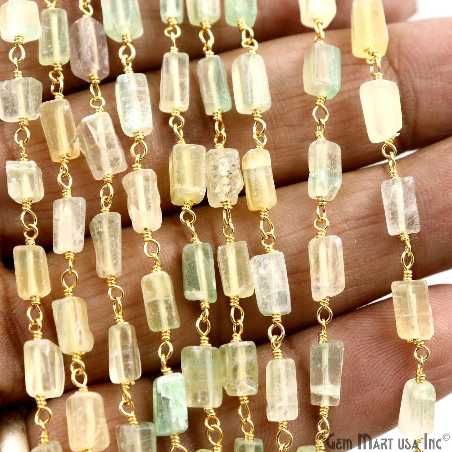 Fluorite Beads 8x5mm Gold Plated Wire Wrapped Beaded Rosary Chain