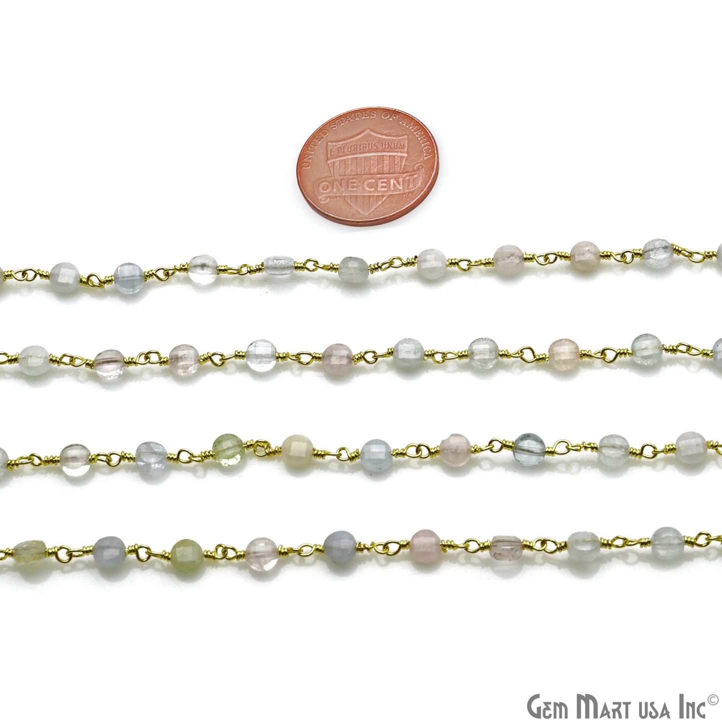 Aquamarine Faceted 3-4mm Gold Wire Wrapped Rosary Chain - GemMartUSA