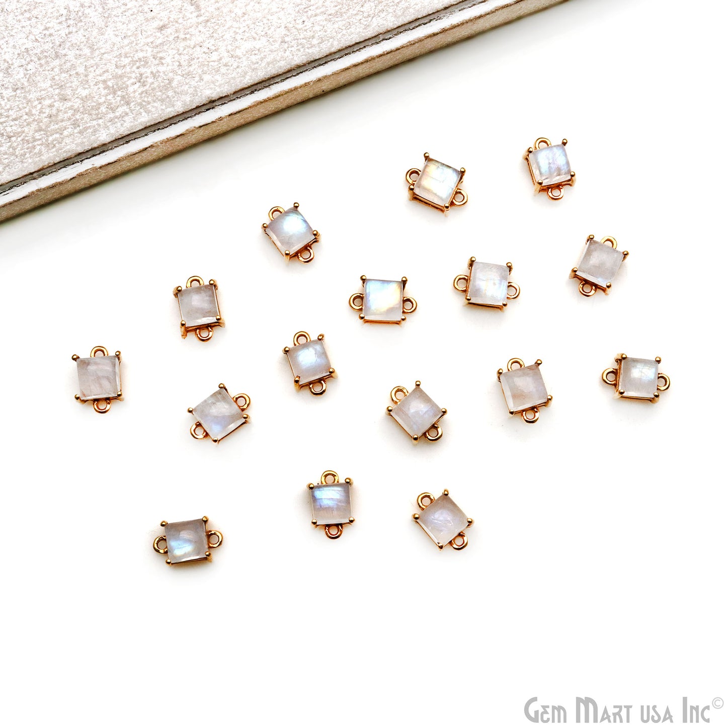 Rainbow Moonstone Cabochon Square Prong Gold Plated Bail Connector