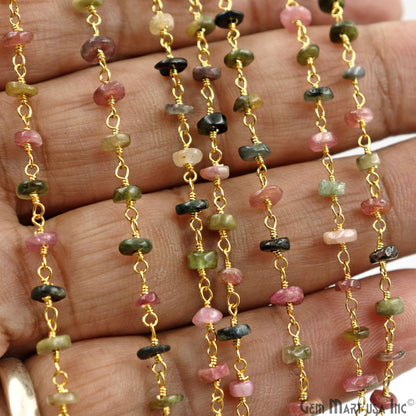 Multi Tourmaline Cabochon 4-5mm Gold Wire Wrapped Rosary Chain