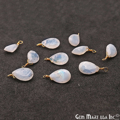 Rainbow Moonstone 8x12mm Pears Single Bail Gold Wire Wrapped Gemstone Connector - GemMartUSA