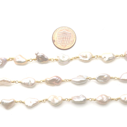 Pink Pearl Free Form 10x7mm Gold Wire Wrapped Rosary Chain