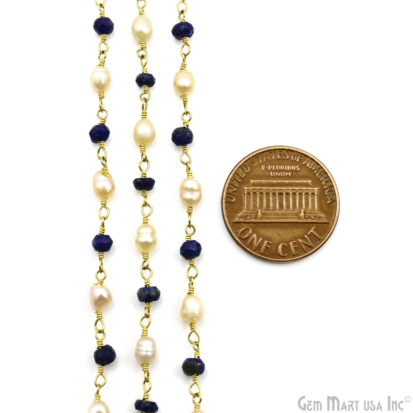 Lapis & Pearl Gold Plated Wire Wrapped Rosary Chain