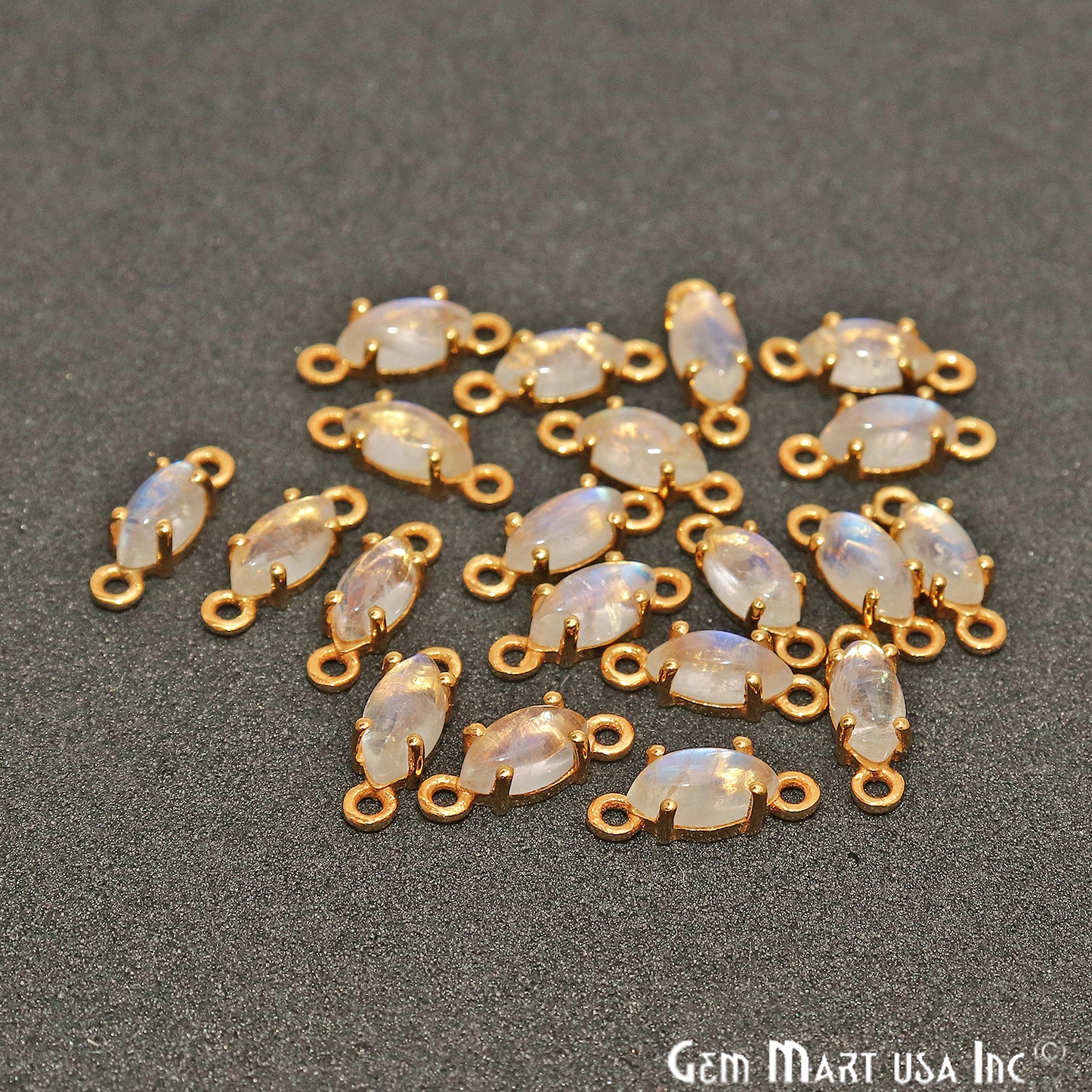 Rainbow Moonstone Cabochon Marquise Prong Gold Plated Bail Connector - GemMartUSA