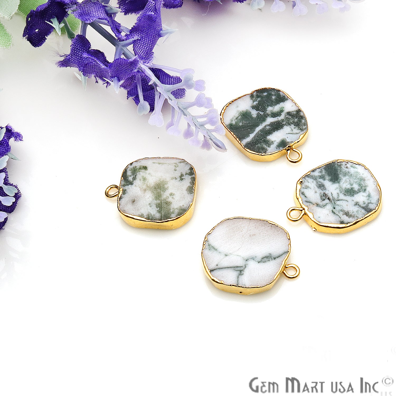Rough Tree Agate 20x16mm Organic Gold Edged Bail Connector - GemMartUSA