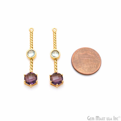 Amethyst & Blue Topaz Long Gemstone Gold Plated Earring Connector