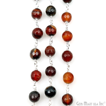 Dark Carnelian jade Faceted Beads 8mm Silver Wire Wrapped Rosary Chain