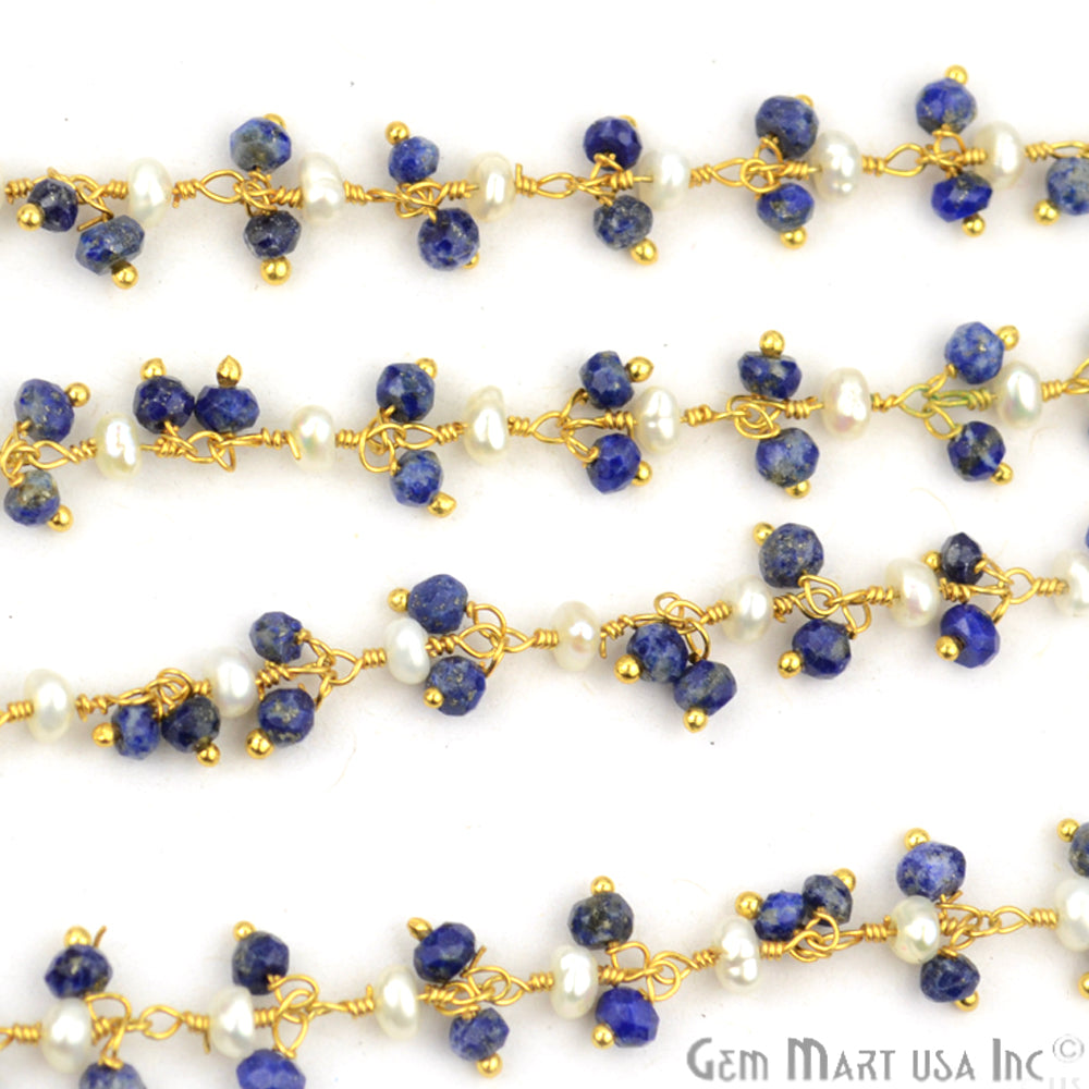 Lapis With Pearl Faceted Beads Gold Wire Wrapped Cluster Dangle Chain - GemMartUSA (764172763183)