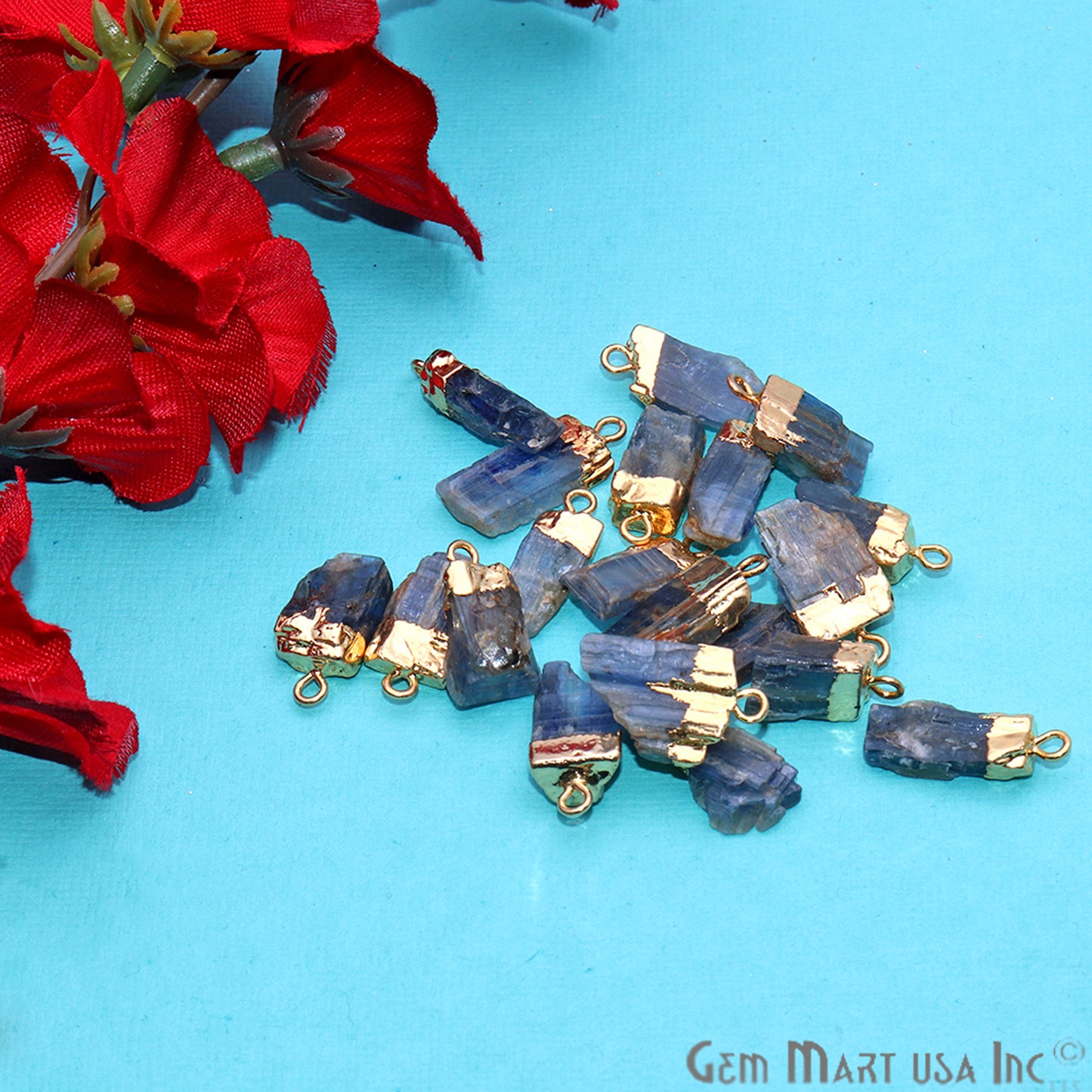 Rough Kyanite Gemstone 18x9mm Organic Gold Edged Single Bail Connector Charm - GemMartUSA