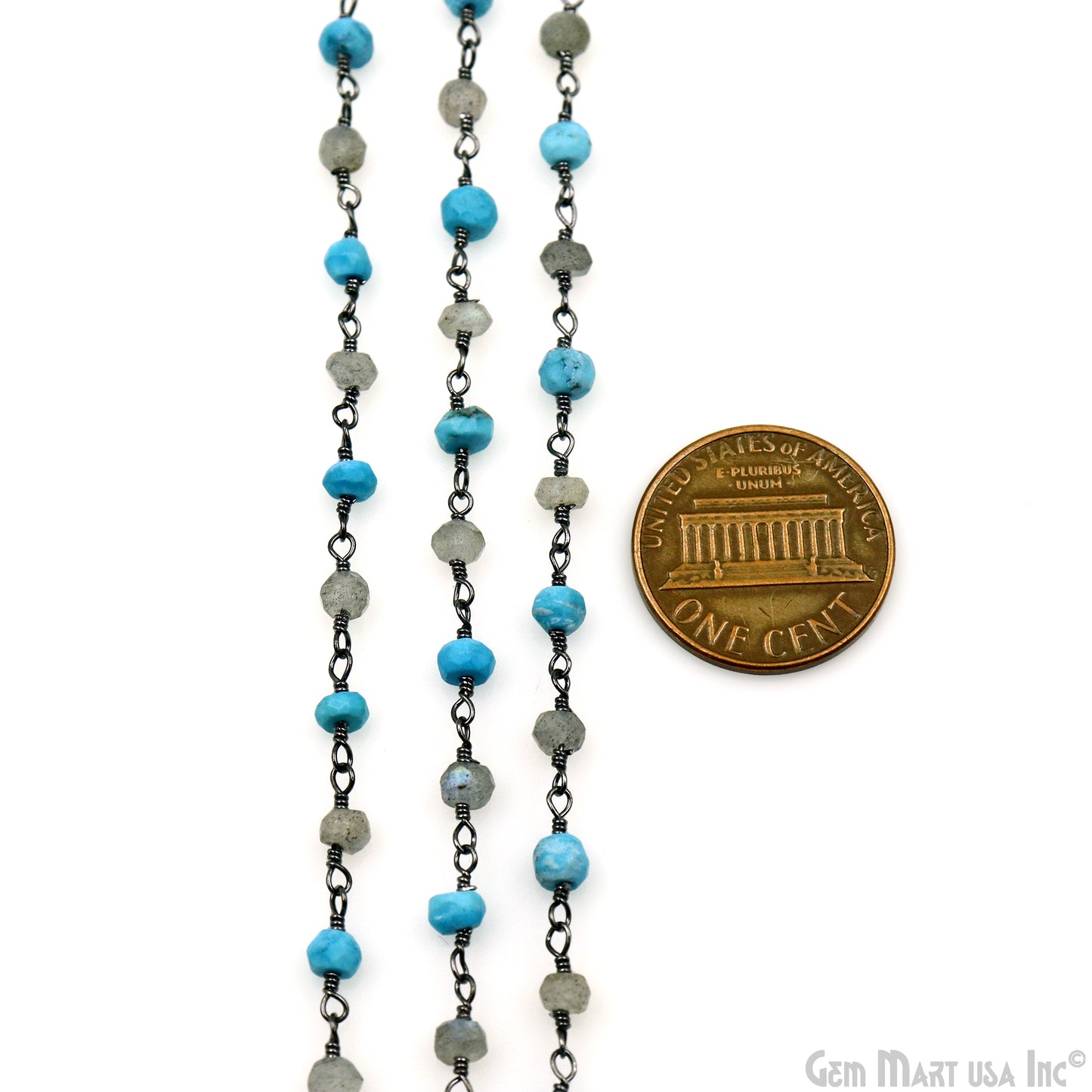 Turquoise & Labradorite 3-3.5mm Oxidized Faceted Beads Wire Wrapped Rosary Chain