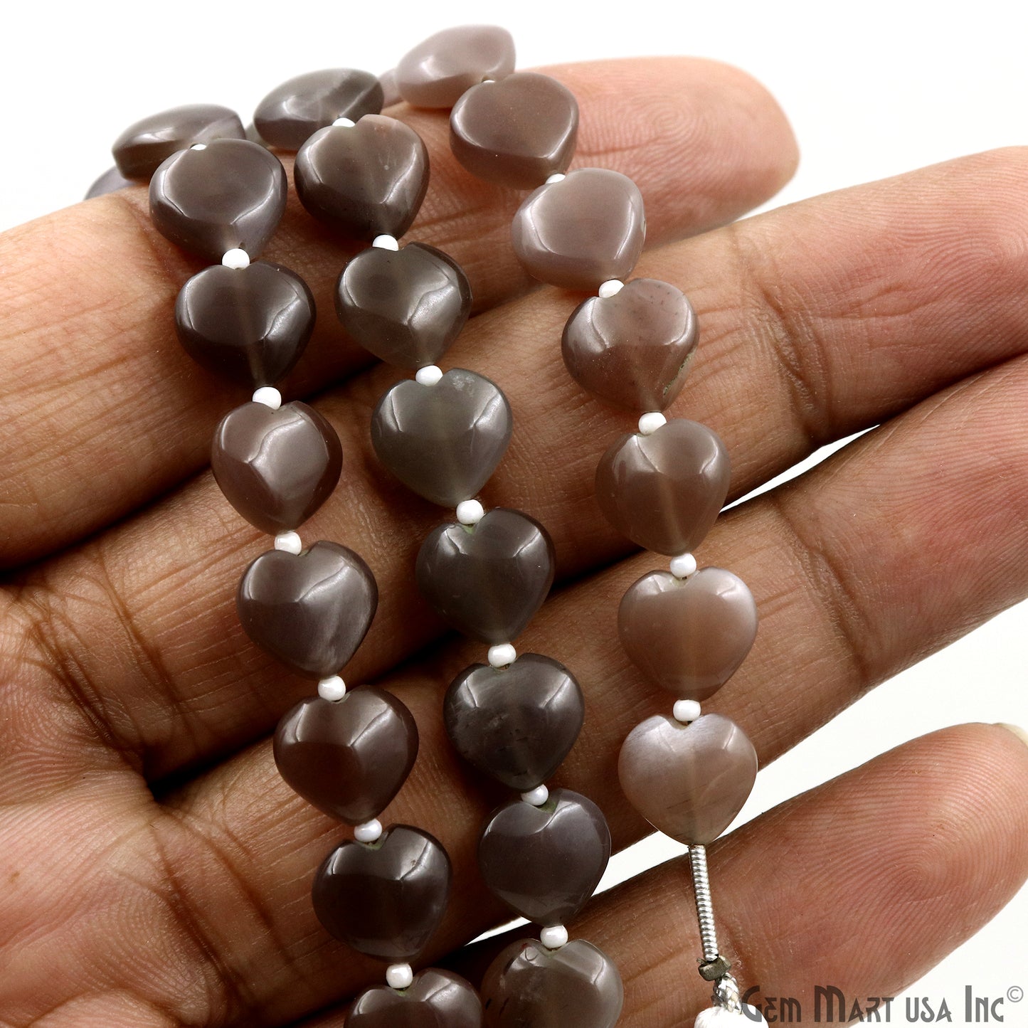 Gray Moonstone Heart Beads, 7 Inch Gemstone Strands, Drilled Strung Briolette Beads, Heart Shape, 10mm