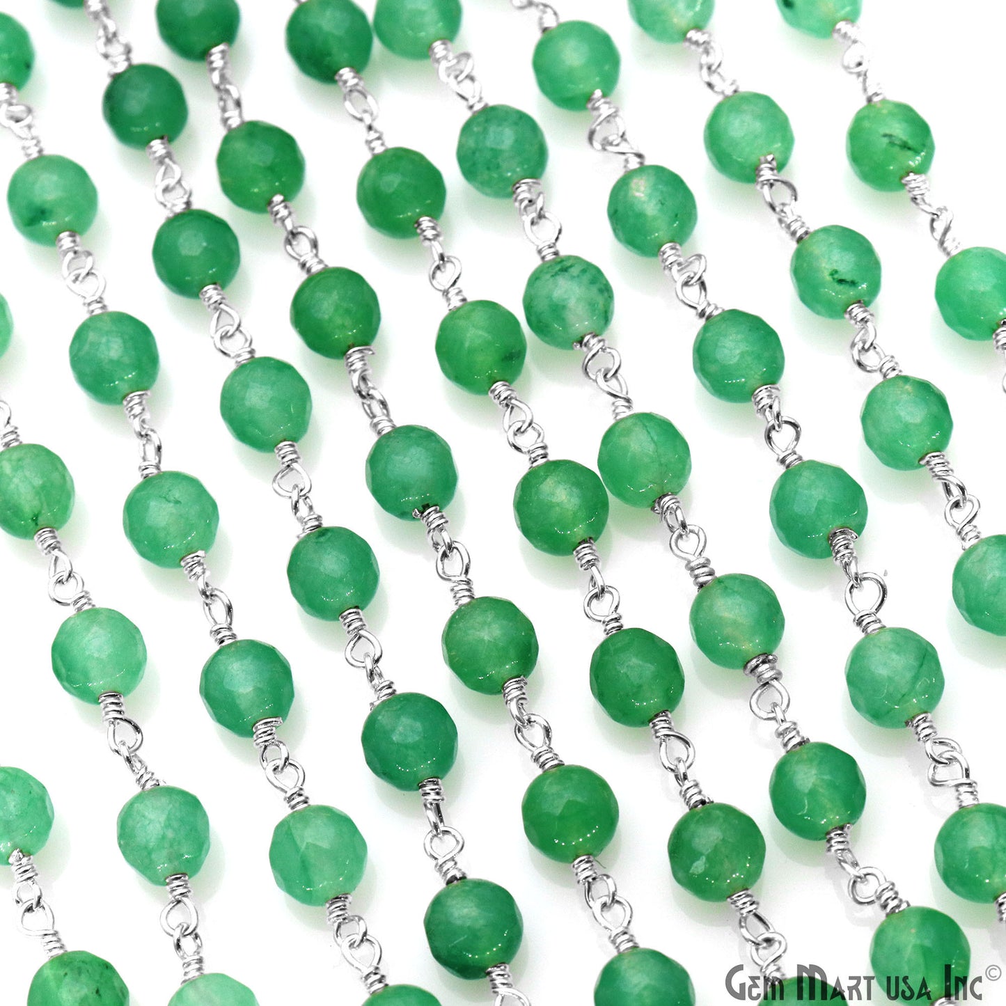 Baby Green Jade Cabochon 6mm Beads Silver Wire Wrapped Rosary Chain