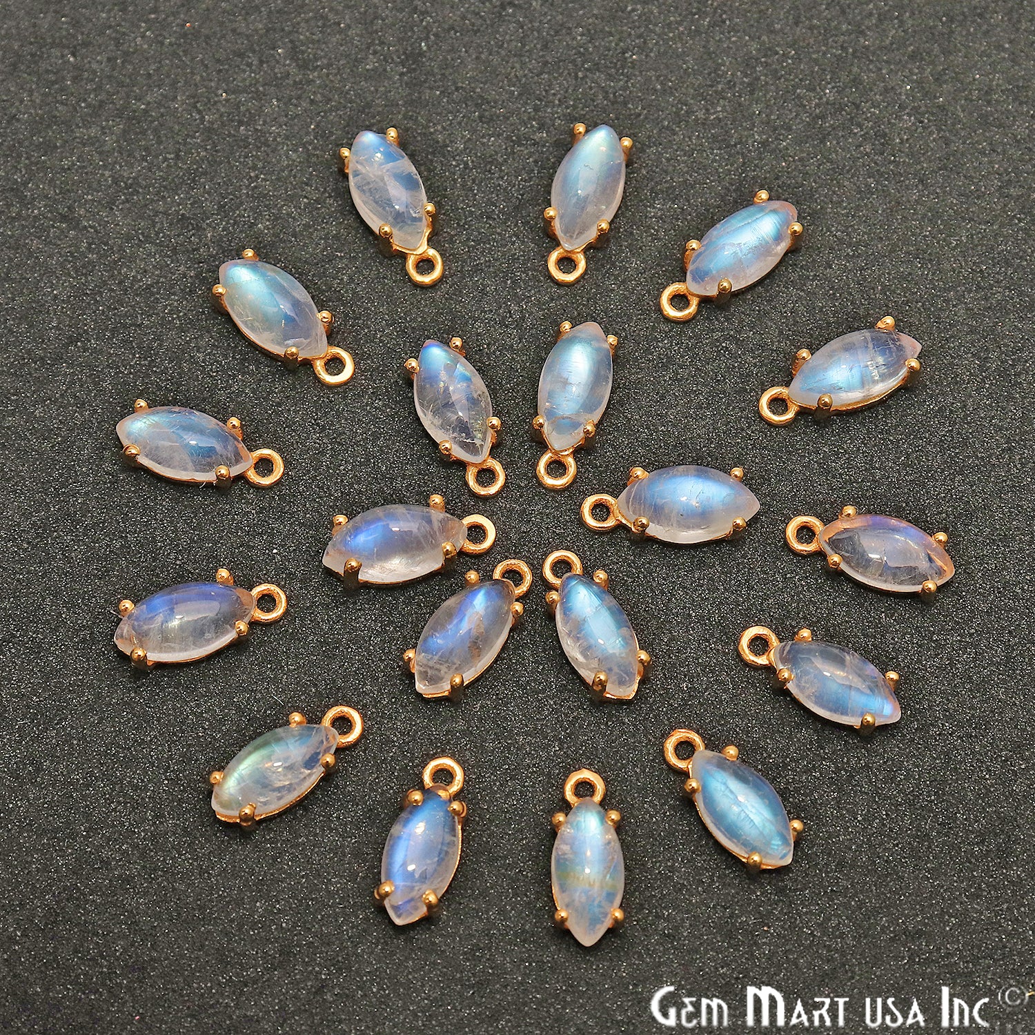 Rainbow Moonstone Cabochon 12x5mm Marquise Prong Gold Plated Bail Connector - GemMartUSA