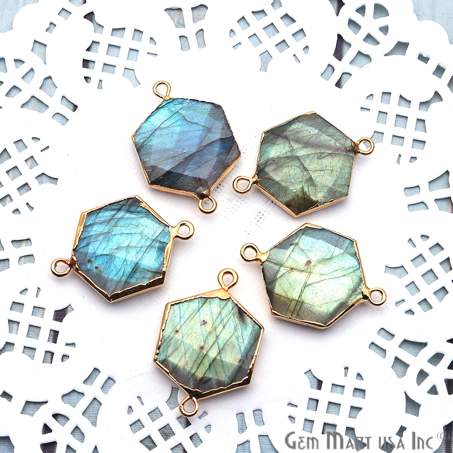 Labradorite Hexagon Shape 17x25mm Gold Electroplated Gemstone Connector - GemMartUSA