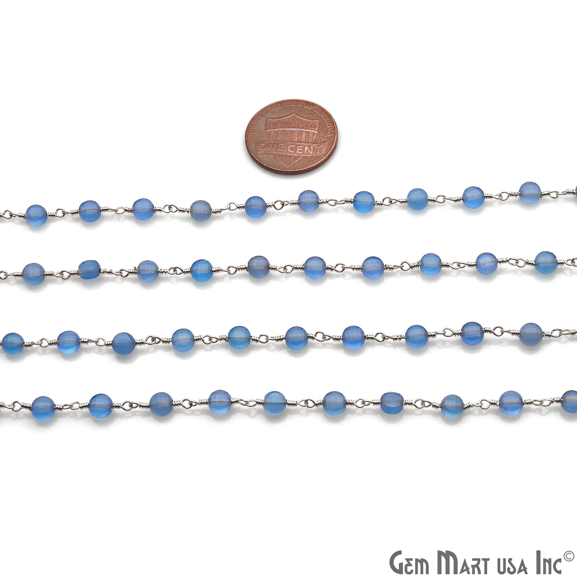 Sky Blue Chalcedony Faceted 3-4mm Silver Wire Wrapped Rosary Chain - GemMartUSA