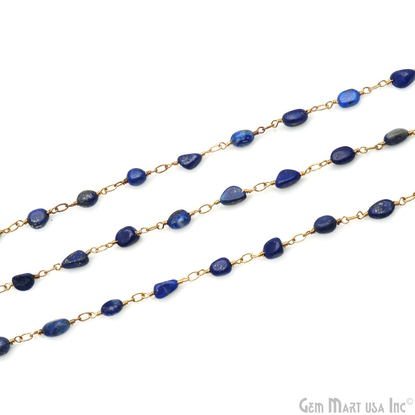 Lapis Tumble Beads 8x5mm Gold Wire Wrapped Rosary Chain