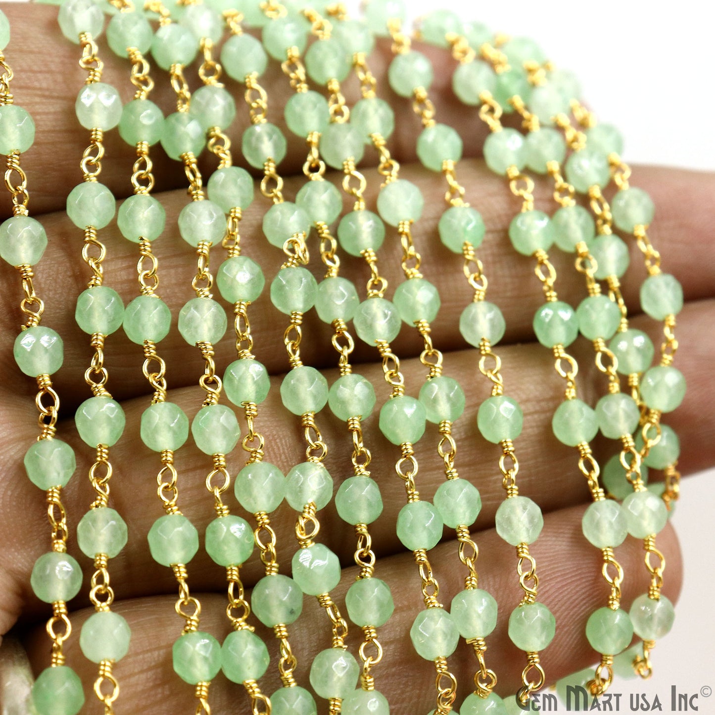 Baby Green Jade Beads Gold Plated Wire Wrapped Rosary Chain