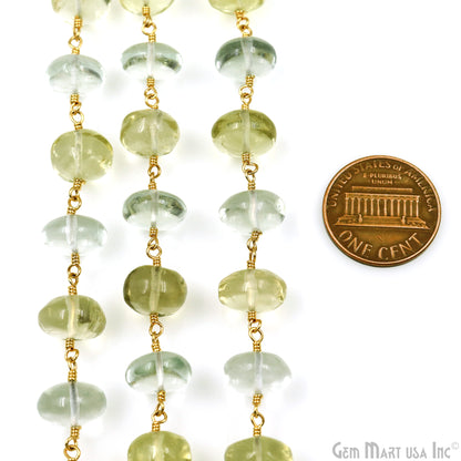 Green Amethyst & Lemon Topaz Cabochon Beads 9-10mm Gold Wire Wrapped Rosary Chain