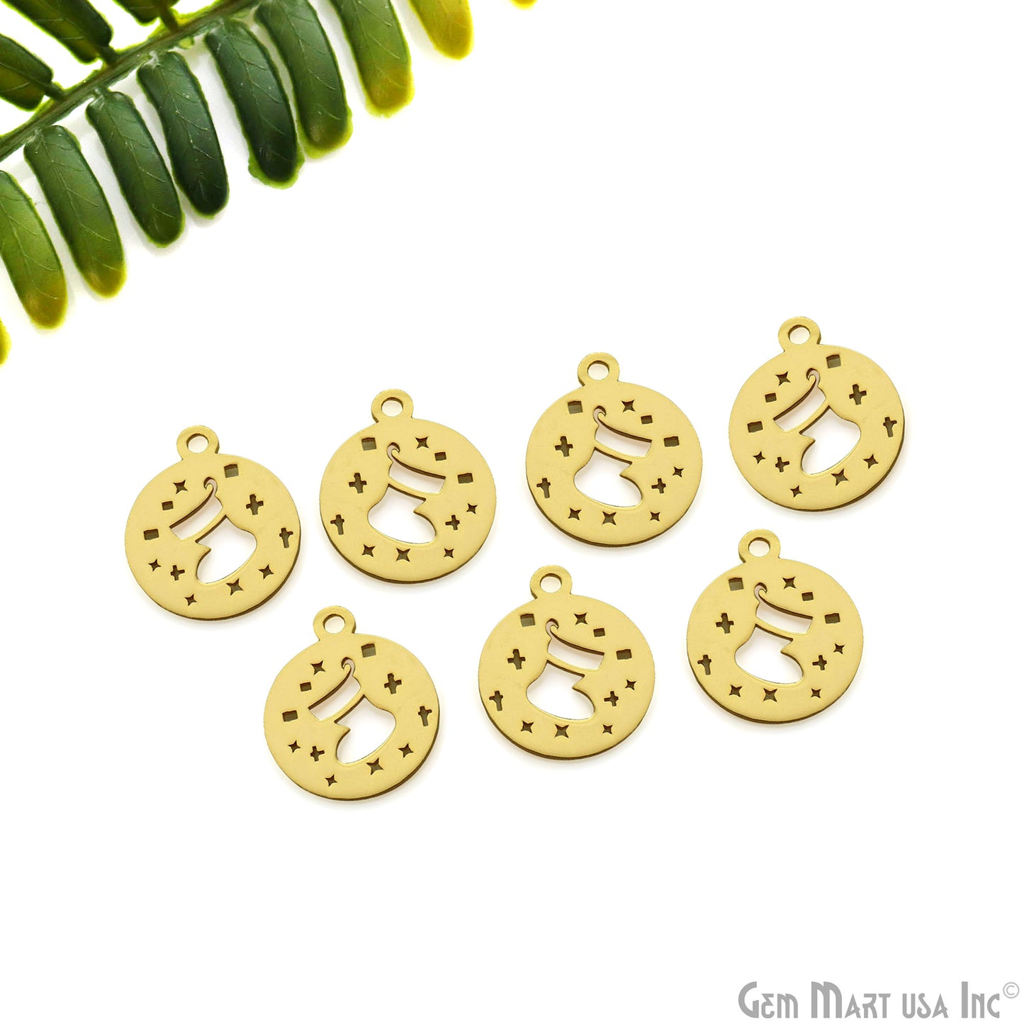 Christmas Socks On Round Shape Laser Finding Gold Plated 16x19mm Charm For Bracelets & Pendants