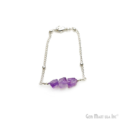 Rough Amethyst Gemstone Silver Plated Chain With Lobster Clasp Bracelet 7Inch