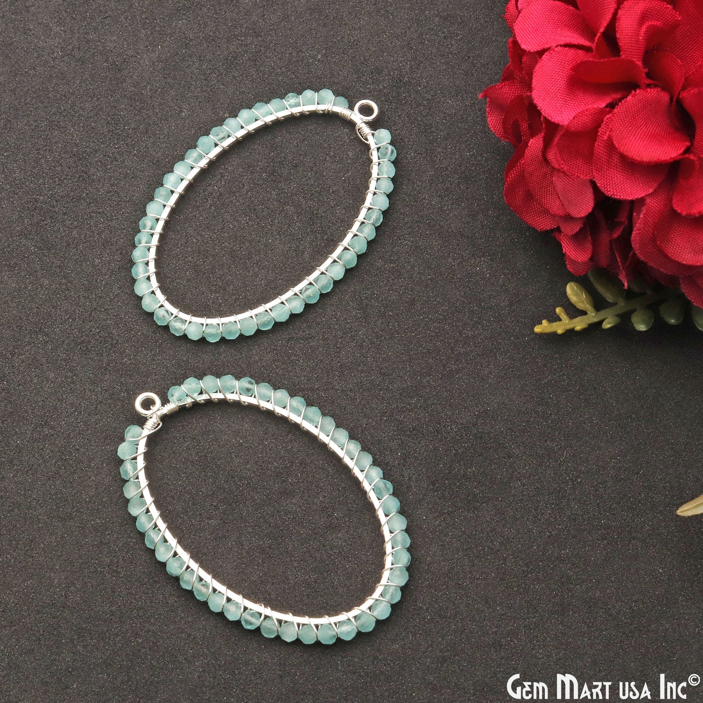 Aqua Chalcedony Oval Shape 52x35mm Silver Wire Wrapped Beads Hoop Connector