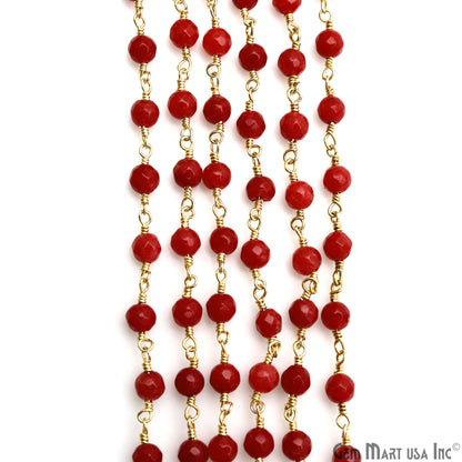 Red Jade Faceted Round 4mm Beads Gold Plated Wire Wrapped Rosary Chain