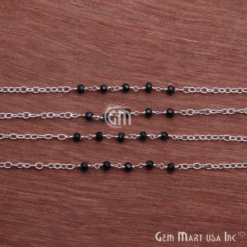 Black Spinel Beads Gemstone Beaded Silver Plated Wire Wrapped Rosary Chain