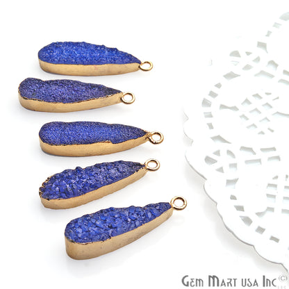 Blue Druzy Long Drop 24x8mm Gold Electroplated Single Bail Connector - GemMartUSA