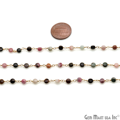 Dark Multi Tourmaline Faceted 3-4mm Gold Wire Wrapped Rosary Chain - GemMartUSA