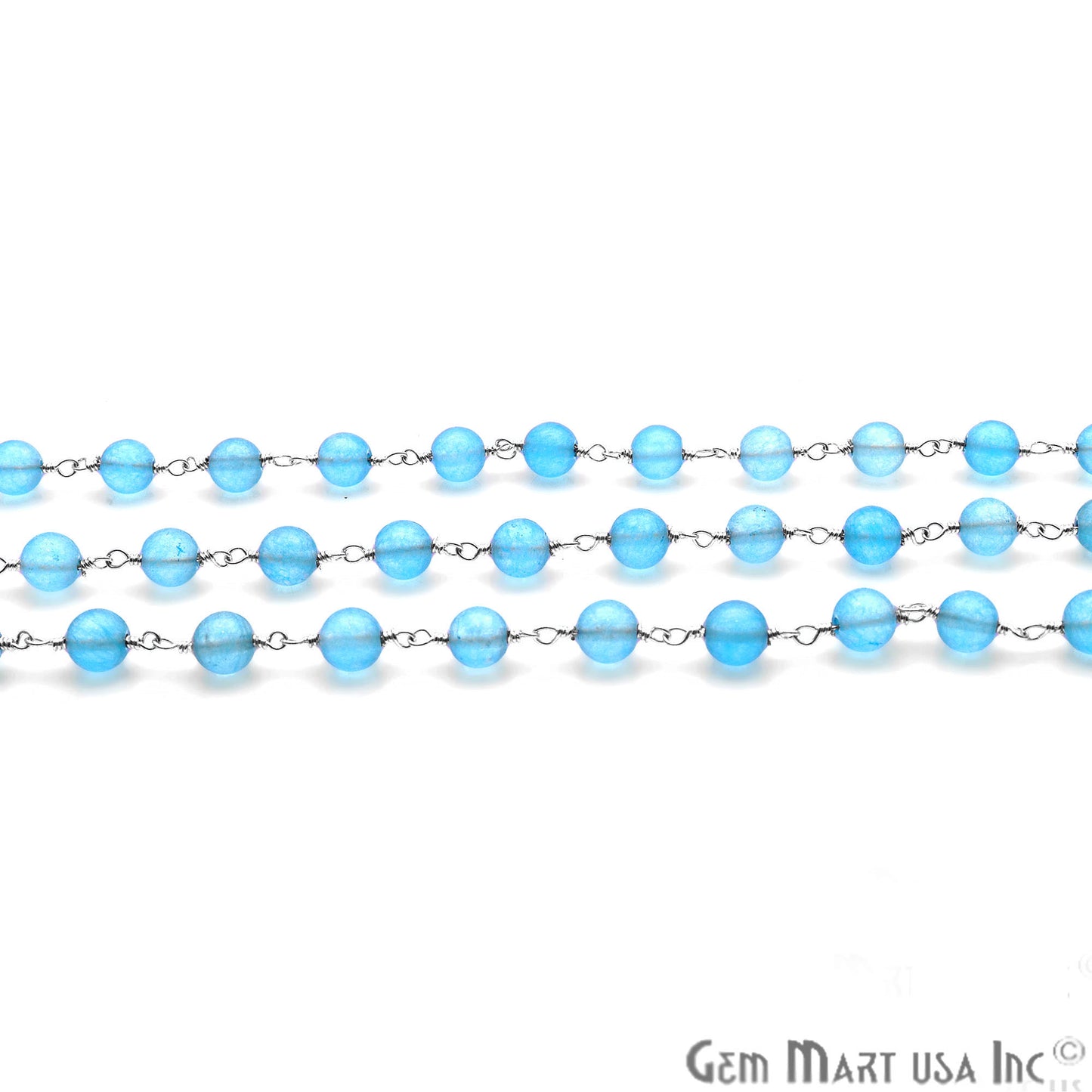 Baby Blue Jade Smooth Beads Silver Plated Wire Wrapped Rosary Chain - GemMartUSA