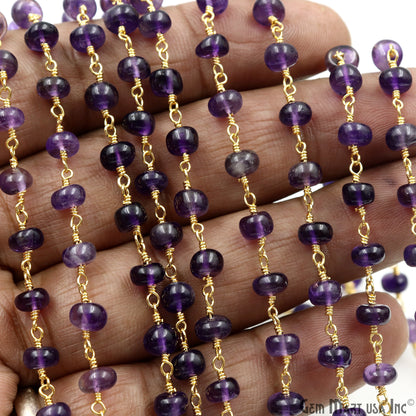 Amethyst Cabochon 5mm Faceted Beads Gold Wire Wrapped Beads Rosary Chain