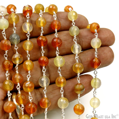 Shaded Carnelian jade Faceted Beads 8mm Silver Wire Wrapped Rosary Chain