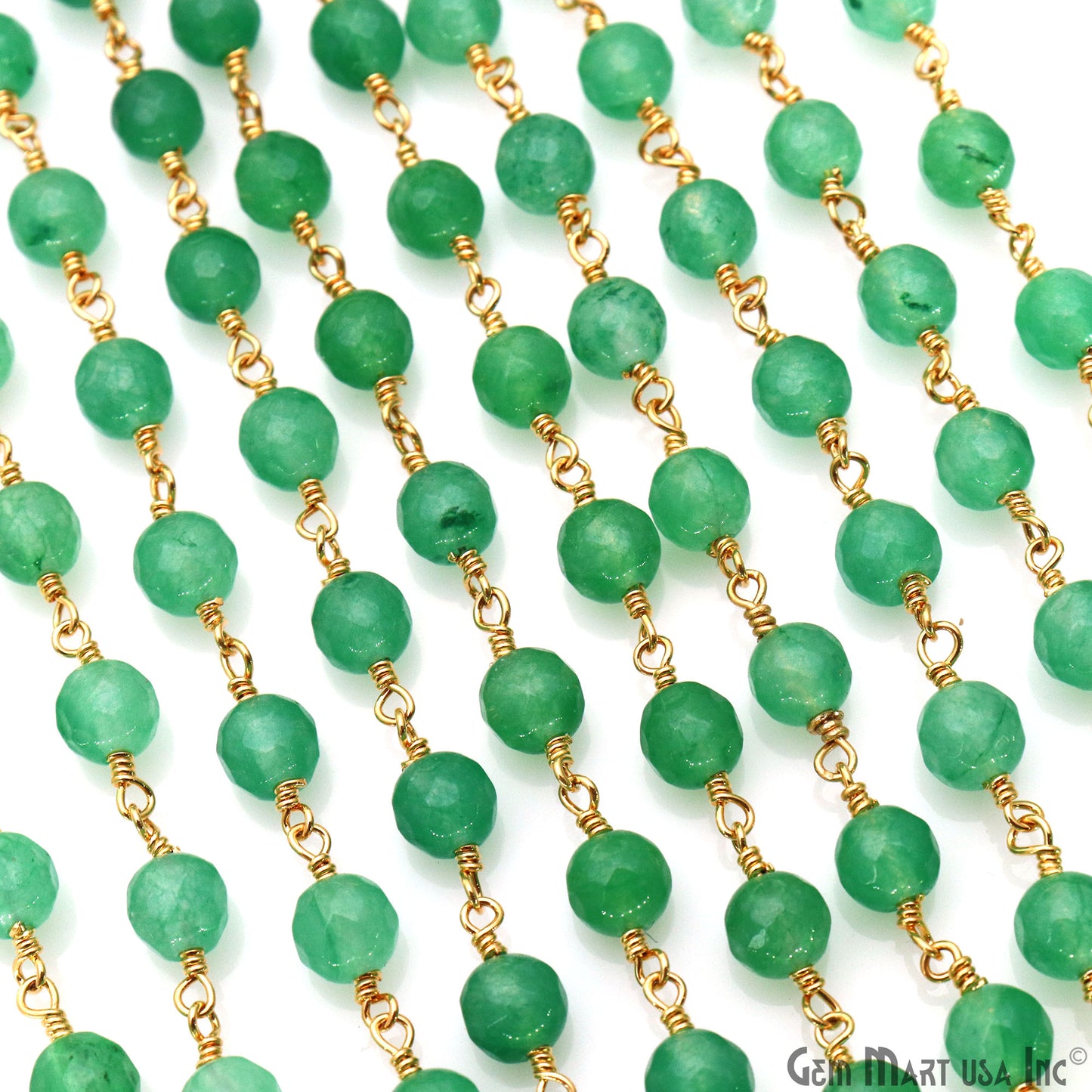 Baby Green Jade Cabochon 6mm Beads Gold Wire Wrapped Rosary Chain